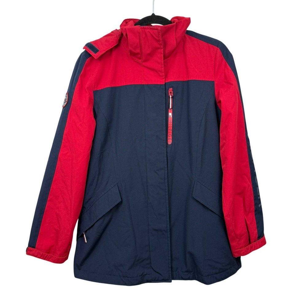 Tommy Hilfiger Women Red Navy 3-in-1 All Weather System Jacket Detach Hood Sz S